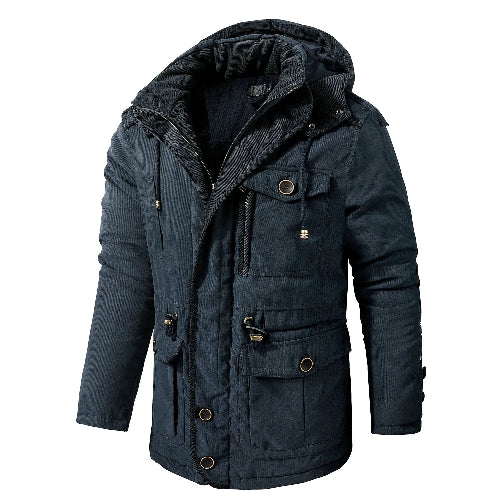 A dark navy blue hooded winter jacket with multiple flap pockets and brass-tone snap buttons, shown on a plain white background.