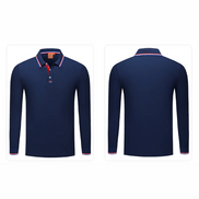Front and back views of a navy blue long-sleeve polo shirt with a red and white striped collar and button placket, 
