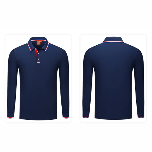 Front and back views of a navy blue long-sleeve polo shirt with a red and white striped collar and button placket, 