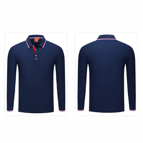 Front and back views of a navy blue long-sleeve polo shirt with a red and white striped collar and button placket, 