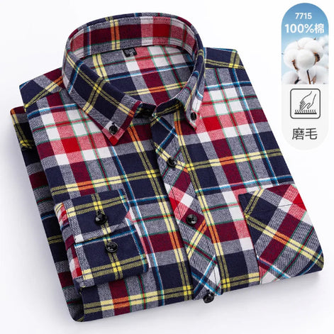 Folded plaid shirt with visible brand logo on a white background