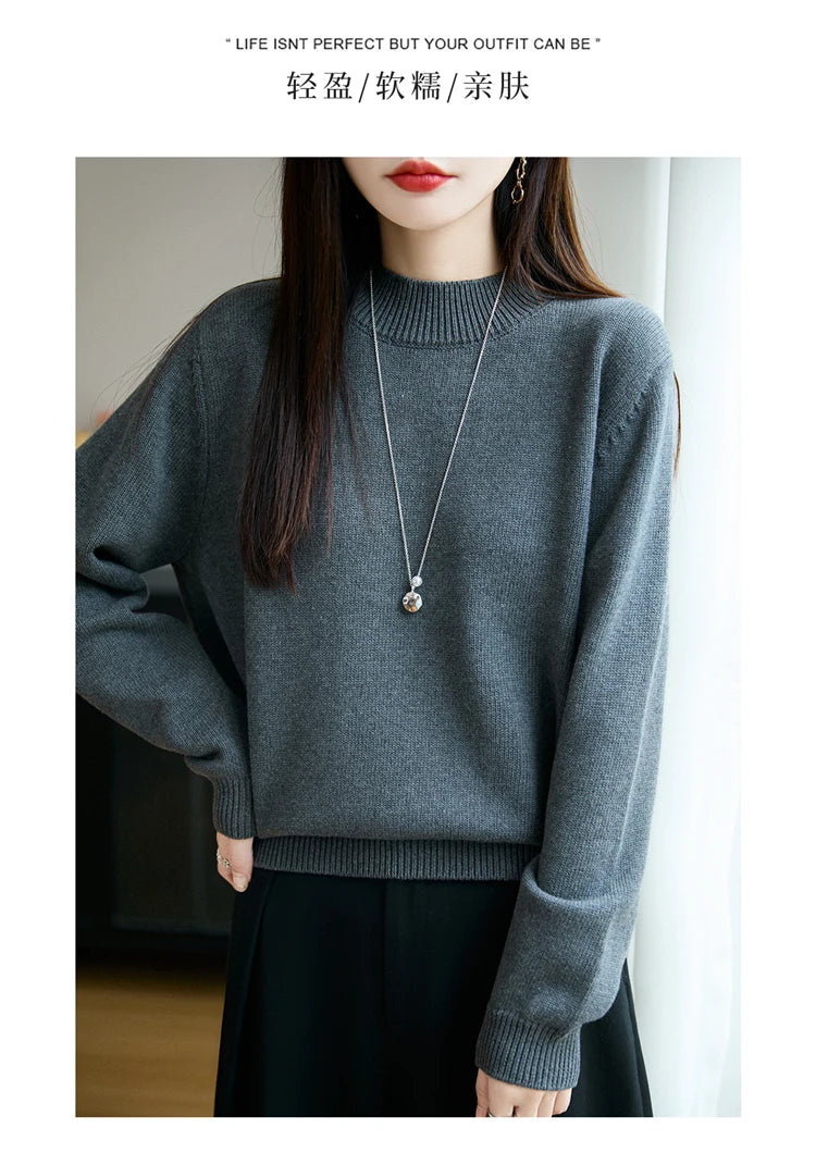 100% Pure Cotton Women's Knitted Sweater Solid Color Round Neck Pullover Loose Cotton Sweater Autumn and Winter New Women's Top