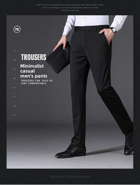 A man wearing slim black trousers, a white dress shirt, and black dress shoes, holding a black folder against a dark gray studio background with promotional text about casual men's trousers.