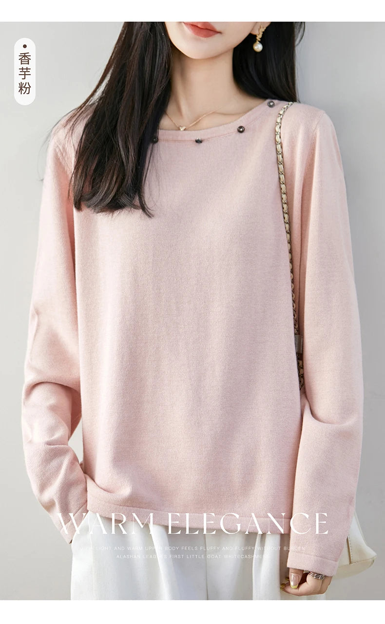 High end fashion 100% pure cotton women's sweater casual knitted round neck pullover autumn and winter solid color women's top