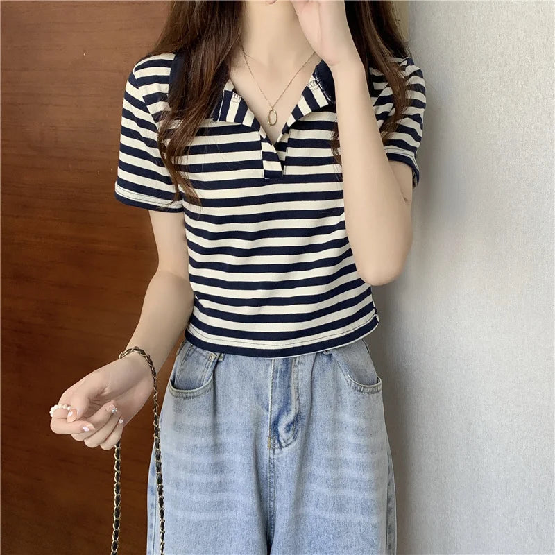 Chic V Neck Short Length Striped Short Sleeve Polo T Shirt For Women Summer 2026 New Niche Top