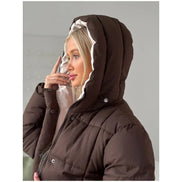 Brown Hooded Quilted Cotton Jacket Fashion Waist Cinch Drawstring Zip Pocket Warm Coat 2026 Women's Winter Casual Street Outfit
