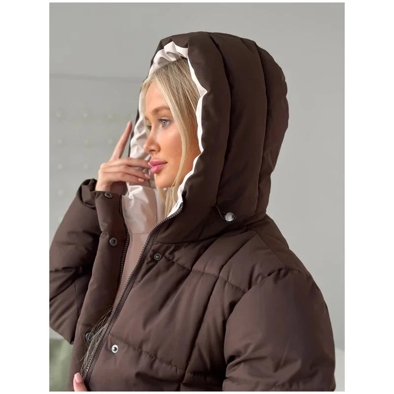 Brown Hooded Quilted Cotton Jacket Fashion Waist Cinch Drawstring Zip Pocket Warm Coat 2026 Women's Winter Casual Street Outfit