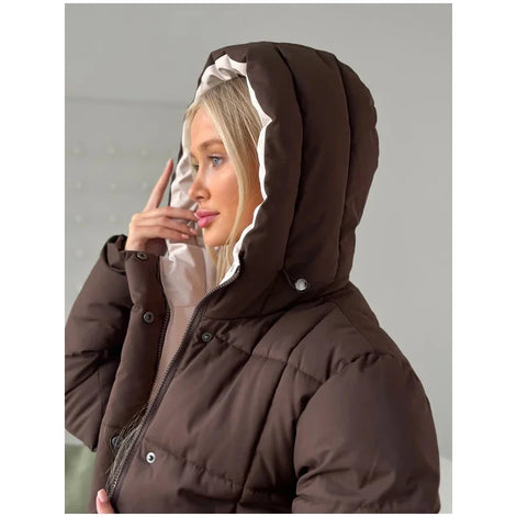 Brown Hooded Quilted Cotton Jacket Fashion Waist Cinch Drawstring Zip Pocket Warm Coat 2026 Women's Winter Casual Street Outfit