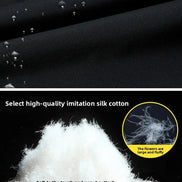 Text on waterproof windproof fabric and high-quality imitation silk cotton with close-up of fibers.