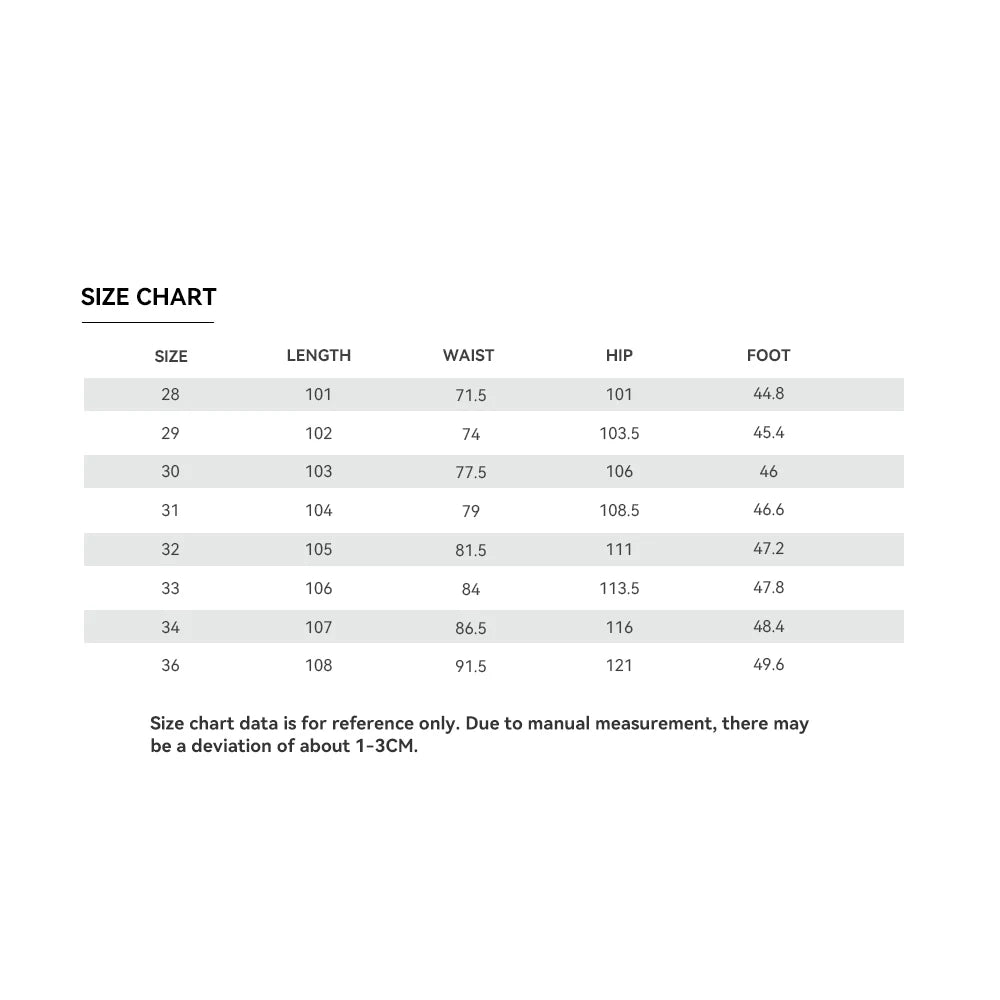 Size chart for clothing measurements on a white background