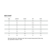 Size chart for clothing measurements on a white background