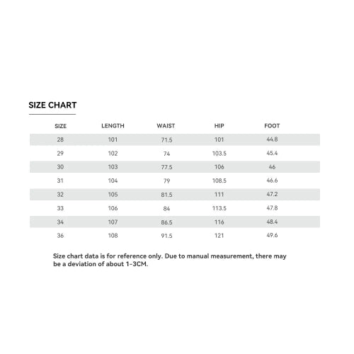 Size chart for clothing measurements on a white background