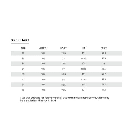 Size chart for clothing measurements on a white background