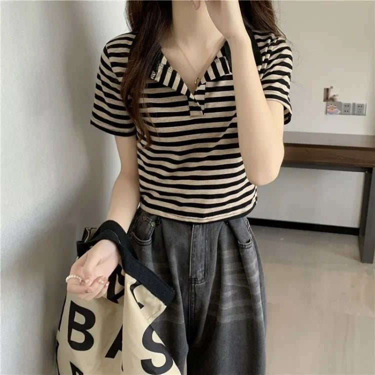 Chic V Neck Short Length Striped Short Sleeve Polo T Shirt For Women Summer 2026 New Niche Top