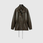 Front view of a dark brown faux leather jacket with layered collars, snap buttons and a gathered drawstring waist against a light background