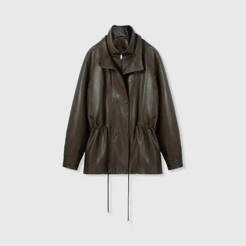 Front view of a dark brown faux leather jacket with layered collars, snap buttons and a gathered drawstring waist against a light background