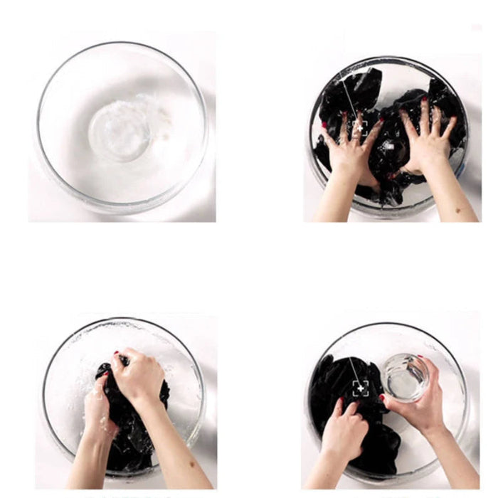 A four-panel instructional sequence showing hands washing and preparing a black garment in a clear glass bowl of water, with one panel showing the garment being rinsed.
