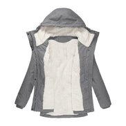 Gray hooded jacket shown open to reveal white fleece-look lining, an inner pocket, zipper closure and snap-button storm flap