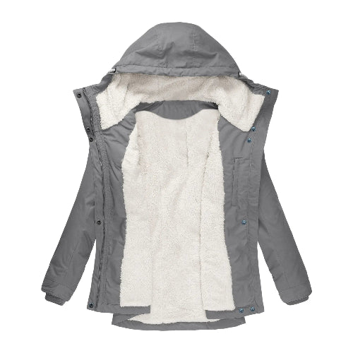 Gray hooded jacket shown open to reveal white fleece-look lining, an inner pocket, zipper closure and snap-button storm flap