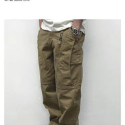 Model wearing khaki loose-fit cargo pants with flap thigh pockets and stitched knee panels, with an additional close-up of the hems and black sneakers.