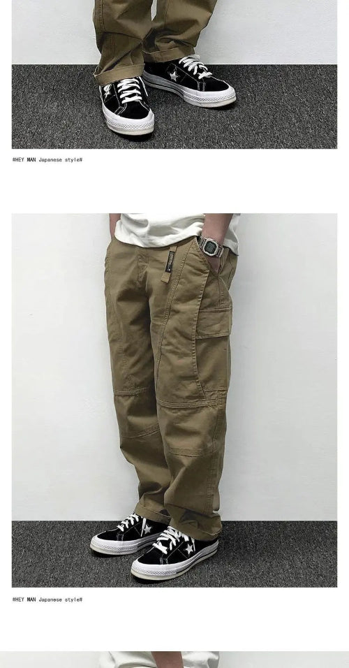 Model wearing khaki loose-fit cargo pants with flap thigh pockets and stitched knee panels, with an additional close-up of the hems and black sneakers.
