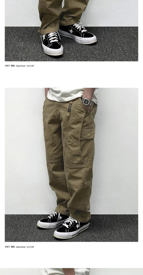 Model wearing khaki loose-fit cargo pants with flap thigh pockets and stitched knee panels, with an additional close-up of the hems and black sneakers.