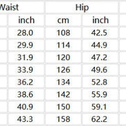 A size chart table showing waist, hip, and length measurements in centimeters and inches for sizes S through 5XL.