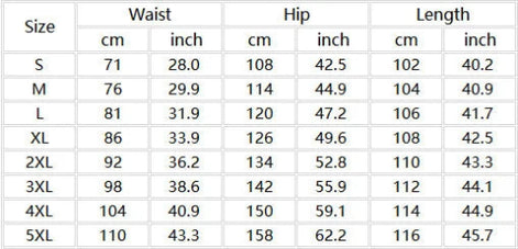 A size chart table showing waist, hip, and length measurements in centimeters and inches for sizes S through 5XL.