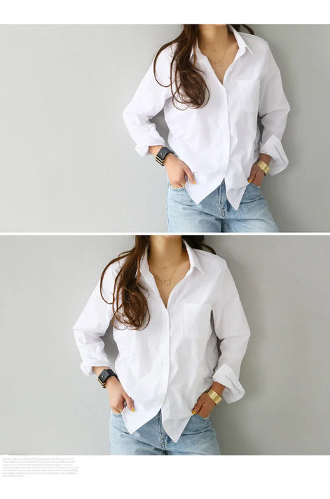 Photo collage of the white button-down shirt showing two standing model shots.