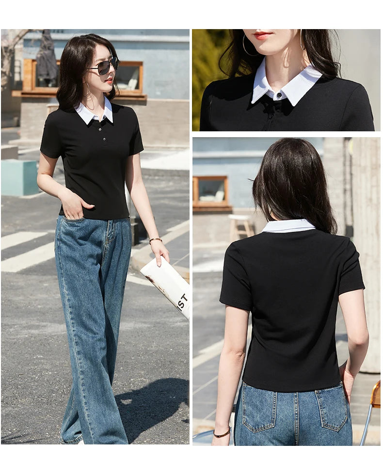 Summer New Cotton Polo Shirt Solid Color Polo Neck Short Sleeve High Waist Short Style Slim Fit Fashion Casual Women's Shirt