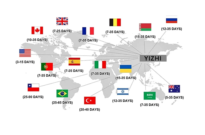 World map with flags and travel time indicators on a white background