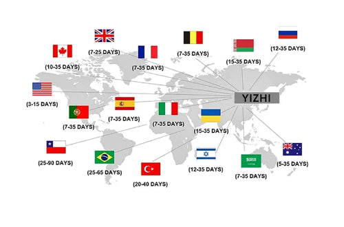 World map with flags and travel time indicators on a white background