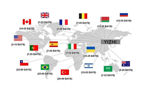 World map with flags and travel time indicators on a white background