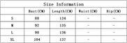 Size chart for clothing with measurements in centimeters