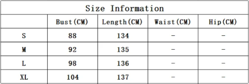 Size chart for clothing with measurements in centimeters