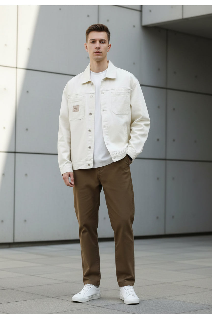 Beige denim jacket worn by a person on a white background