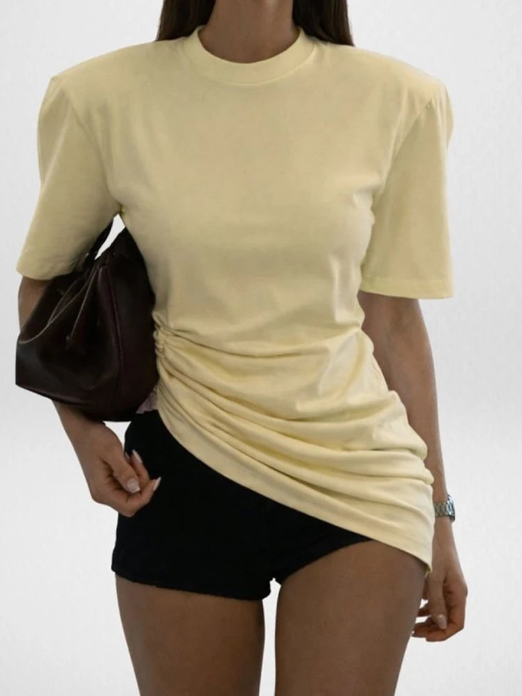 Versatile Regular-shoulder T-shirts Women Casual White Round Neck Irregular Hem Pleated Short Top Summer Lady Street Wear New