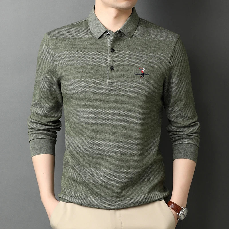 2025 High End New Fashion Brand Striped Designer Embroidery Casual Turn Down Collar Long Sleeve Polo Shirts Men Tops Men Clothes