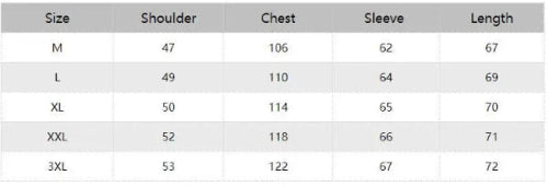 A size chart table with columns labeled Size, Shoulder, Chest, Sleeve, and Length, showing rows for M, L, XL, XXL, and 3XL.