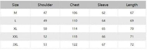 A size chart table with columns labeled Size, Shoulder, Chest, Sleeve, and Length, showing rows for M, L, XL, XXL, and 3XL.