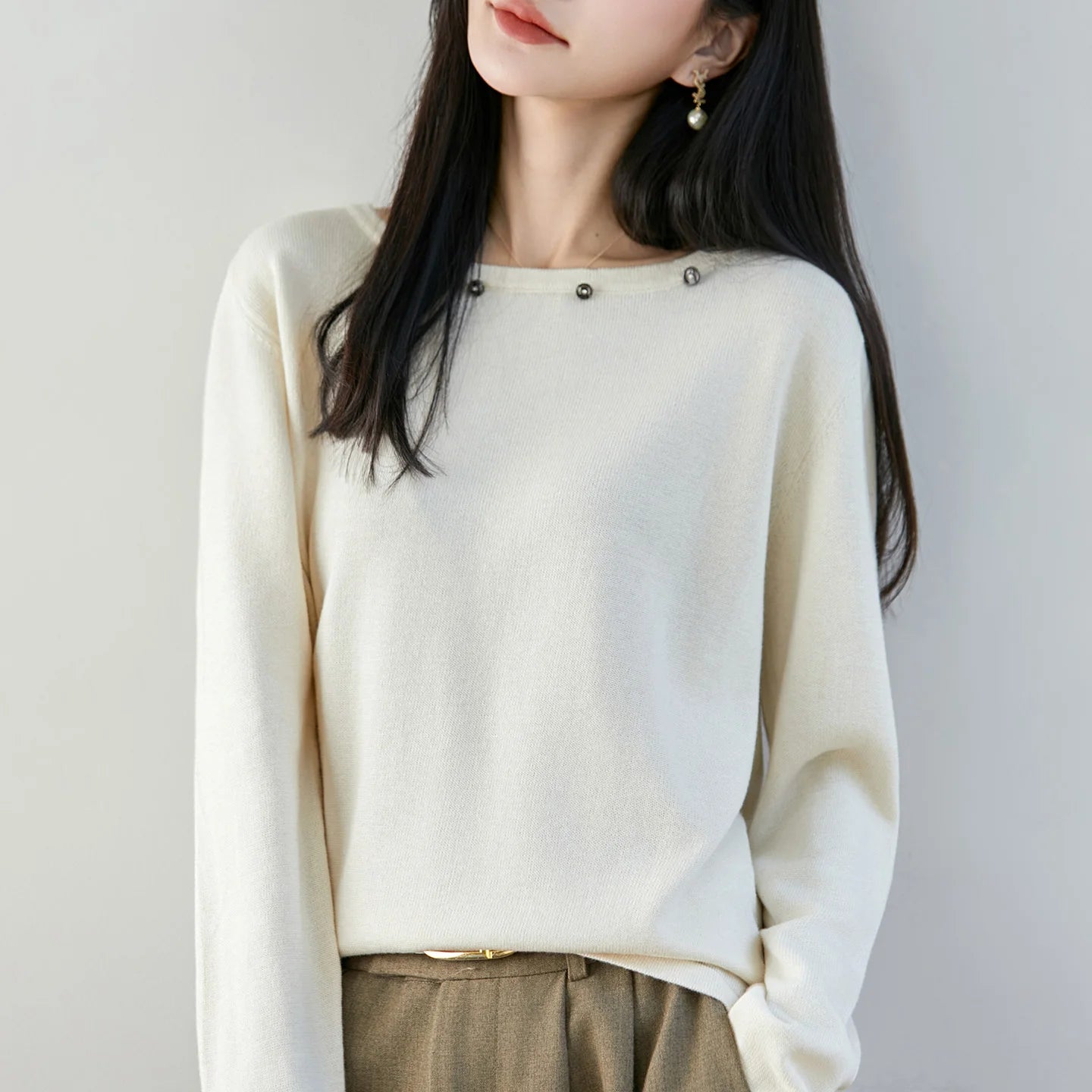 High end fashion 100% pure cotton women's sweater casual knitted round neck pullover autumn and winter solid color women's top