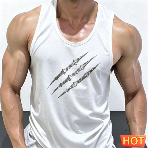 A close-up of a muscular man wearing a white sleeveless tank top with a black claw-print graphic on the chest, set against a plain light background.
