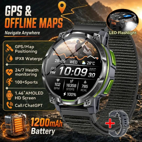 A rugged smartwatch with a round black and silver metallic case, a black woven strap with green accents, and a digital display showing fitness and map features