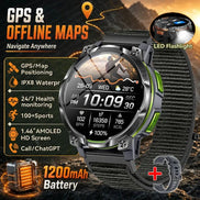 A rugged smartwatch with a round black and silver metallic case, a black woven strap with green accents, and a digital display showing fitness and map features