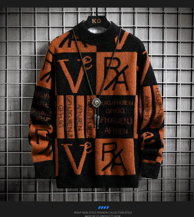 Black and orange sweater with text design on a grid background