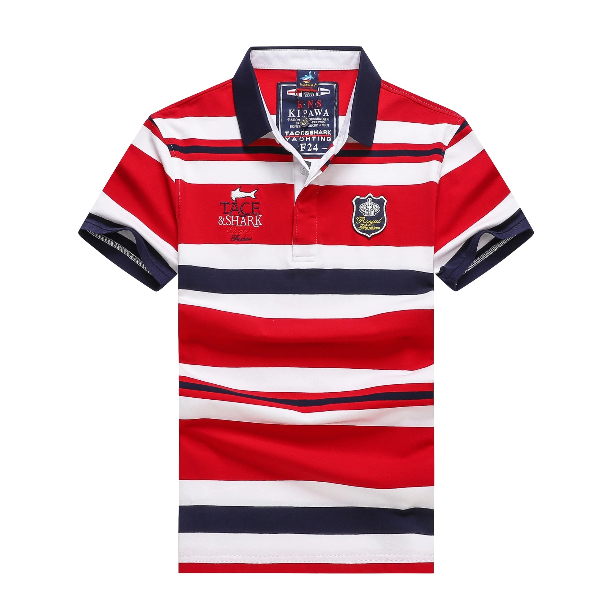 A short-sleeve polo shirt with horizontal red, white, and navy stripes, featuring a navy collar, a 'KIAWA' brand label on the inner neck, a white shark logo on the right chest, and a crest patch on the left chest.