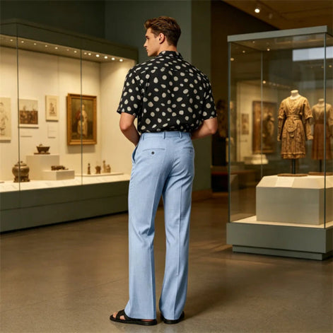 A man stands with his back to the camera in a museum, wearing a black short-sleeve button-up shirt with white polka dots and light blue trousers.