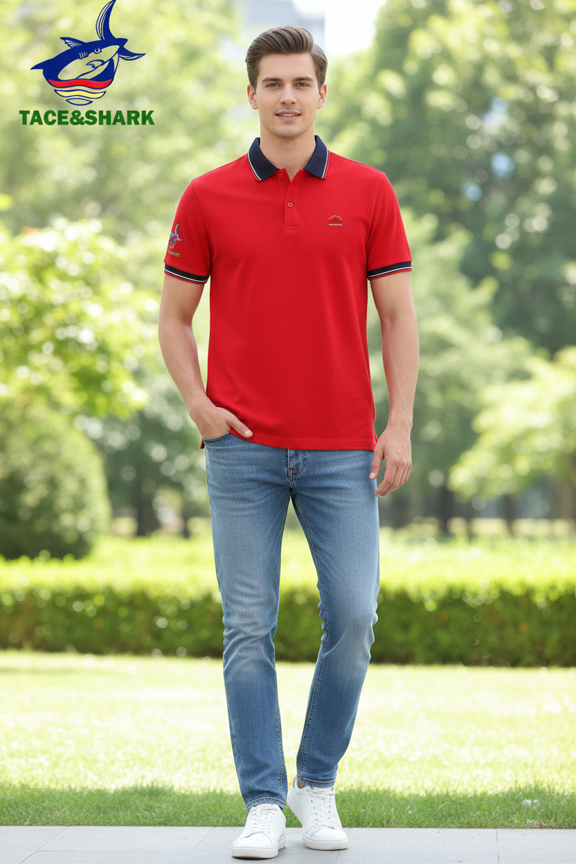 A red short-sleeve polo shirt with a black collar and black-and-white striped sleeve trim, shown on a plain white background. A TACE&SHARK logo is visible in the top-left corner.