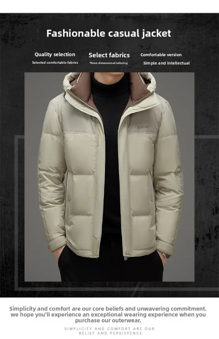 A men's casual puffer jacket in light beige/cream with a brown hood lining, worn by a model over a black turtleneck. The image includes marketing text at the top and bottom on a dark textured background.