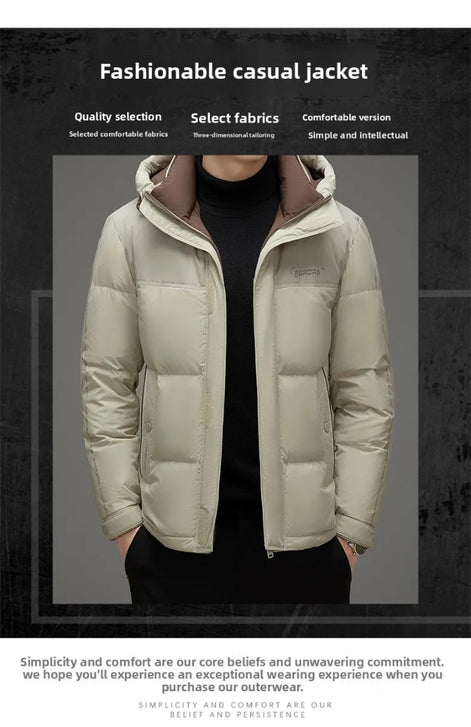 A men's casual puffer jacket in light beige/cream with a brown hood lining, worn by a model over a black turtleneck. The image includes marketing text at the top and bottom on a dark textured background.